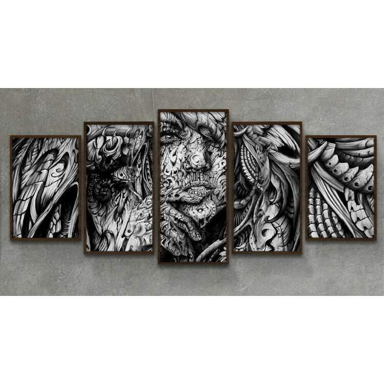 Kit 5 Quadros Decorativos Mosaico Pintura Mulher Preto e Branco