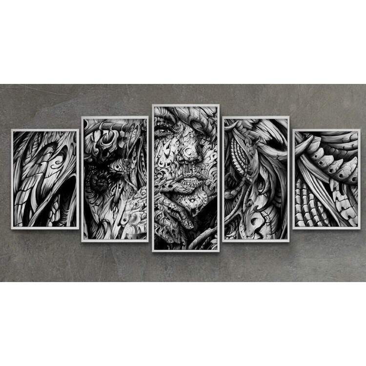 Kit 5 Quadros Decorativos Mosaico Pintura Mulher Preto e Branco