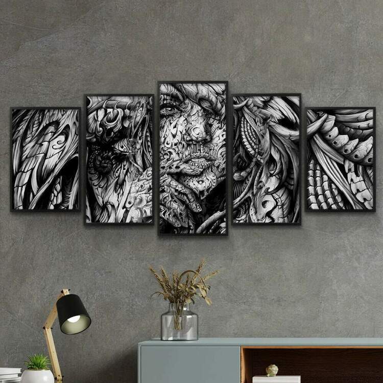 Kit 5 Quadros Decorativos Mosaico Pintura Mulher Preto e Branco