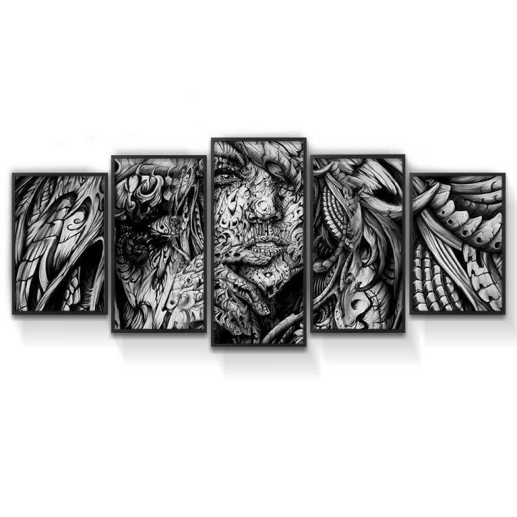 Kit 5 Quadros Decorativos Mosaico Pintura Mulher Preto e Branco