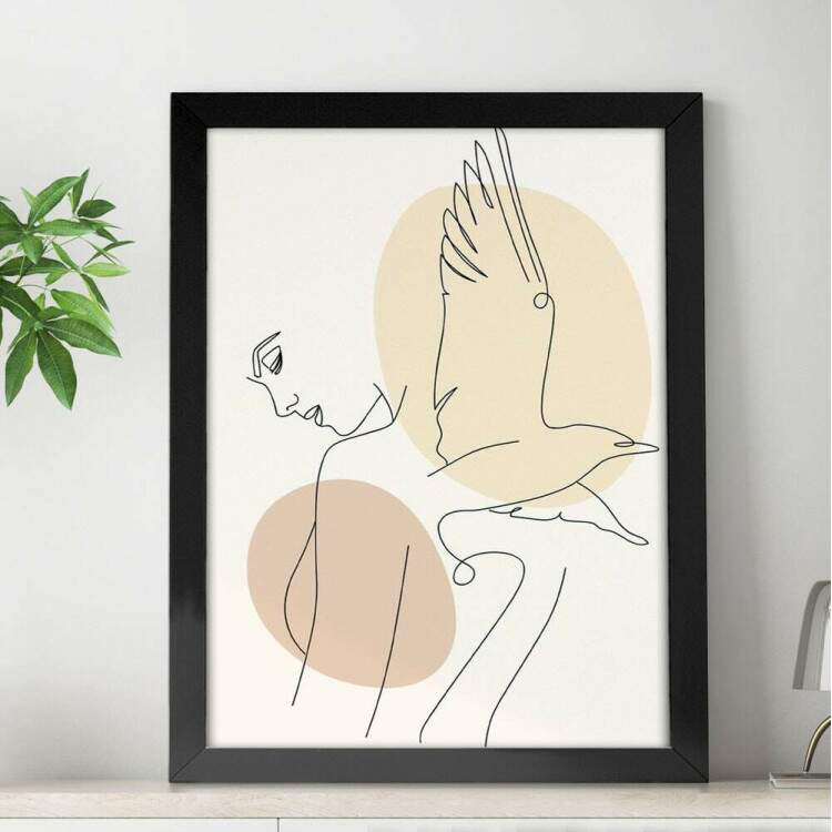 Quadro Decorativo Abstrato Mulher e Pssaro Minimalistas