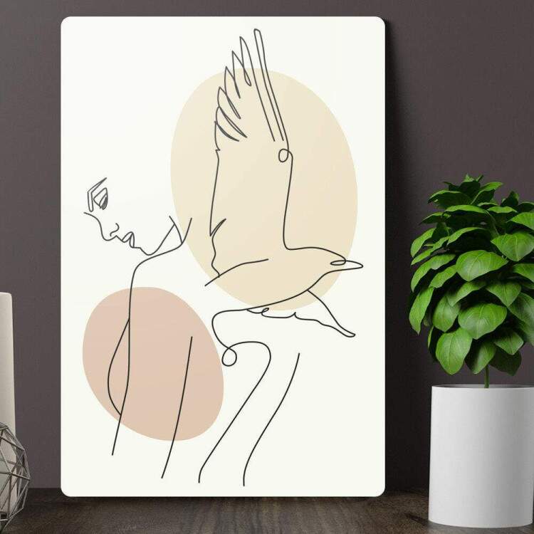 Placa Abstrato Mulher e Pssaro Minimalistas