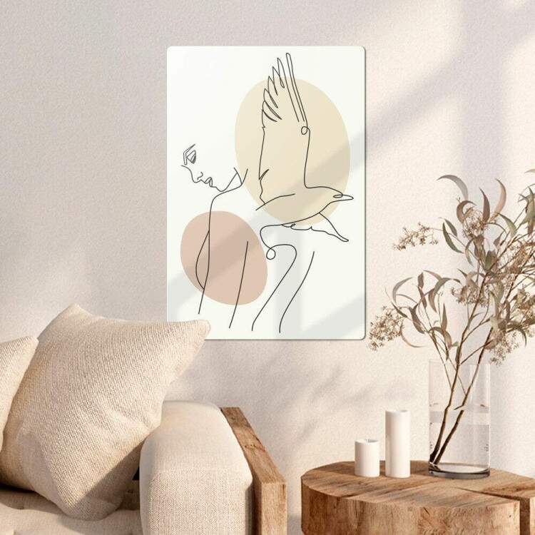Placa Abstrato Mulher e Pssaro Minimalistas
