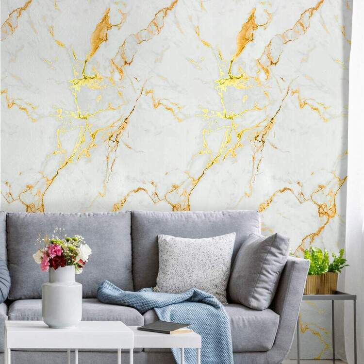 Papel de Parede Mrmore Branco com Dourado