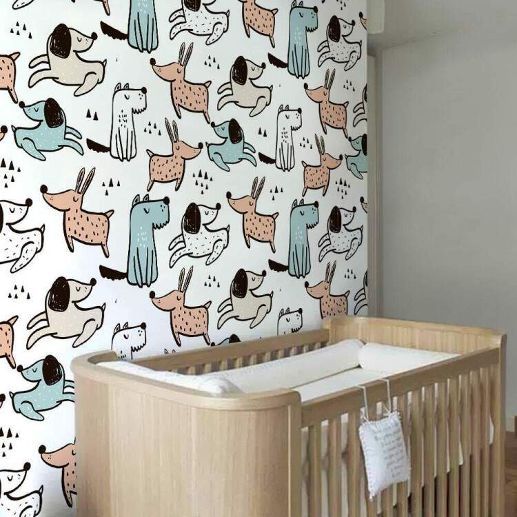 Papel de Parede Infantil Desenhos de Cachorrinhos Coloridos