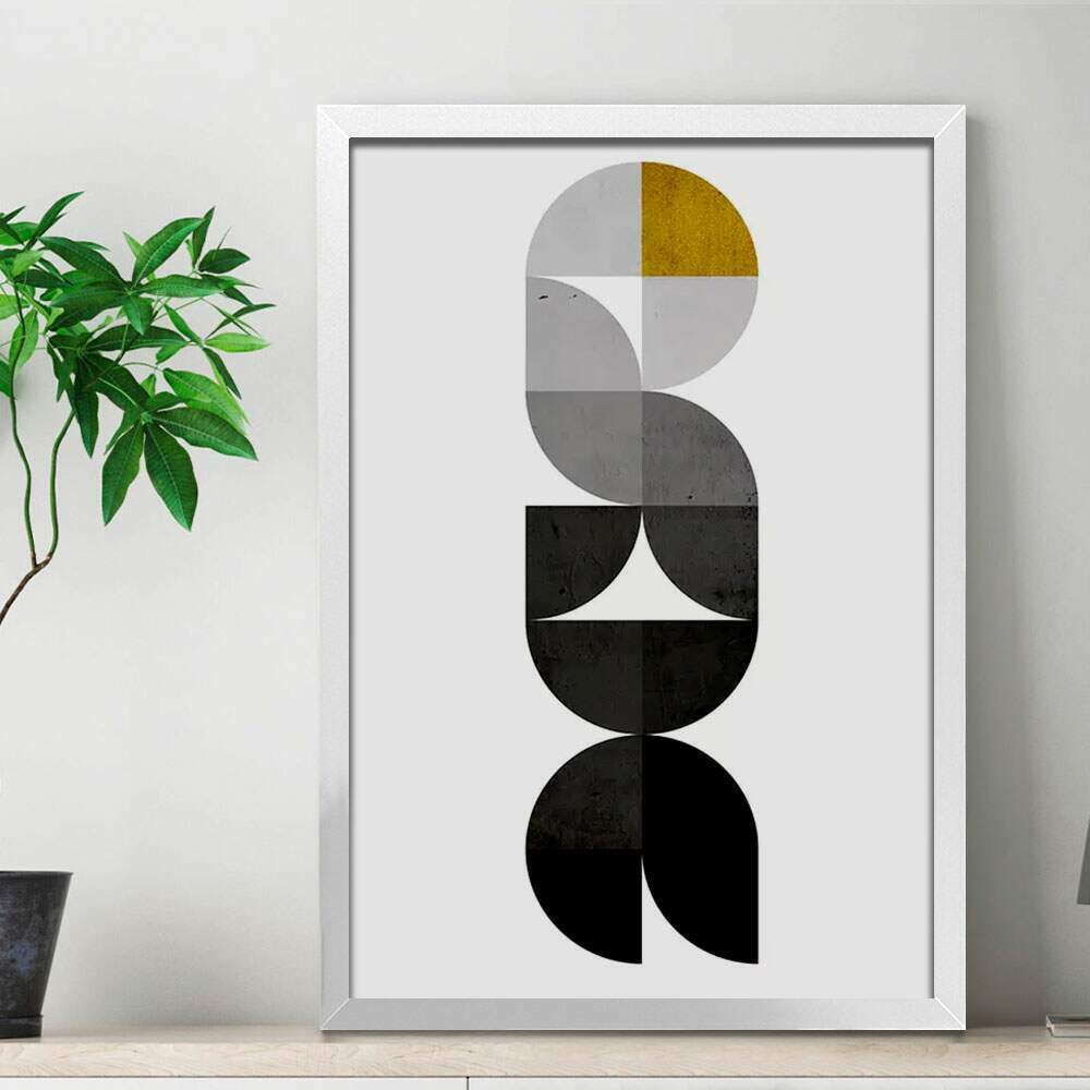 Quadro Decorativo Abstrato Geom�tricos C�rculos Preto Cinza Amarelo