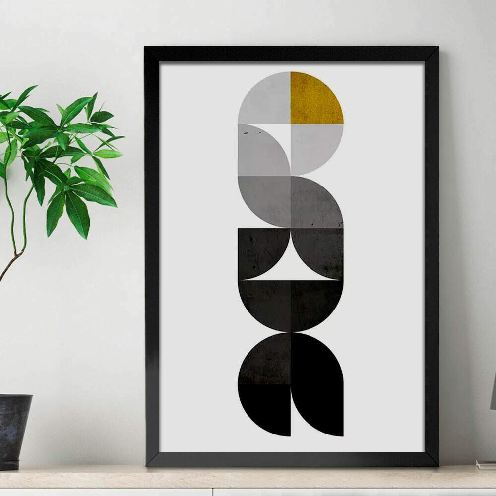 Quadro Decorativo Abstrato Geomtricos Crculos Preto Cinza Amarelo