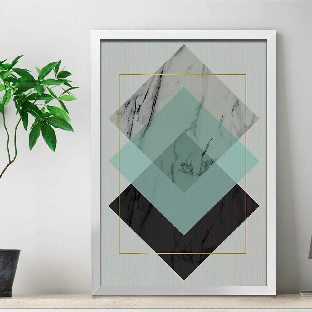 Quadro Decorativo Abstrato Geom�trico M�rmore Verde com Dourado