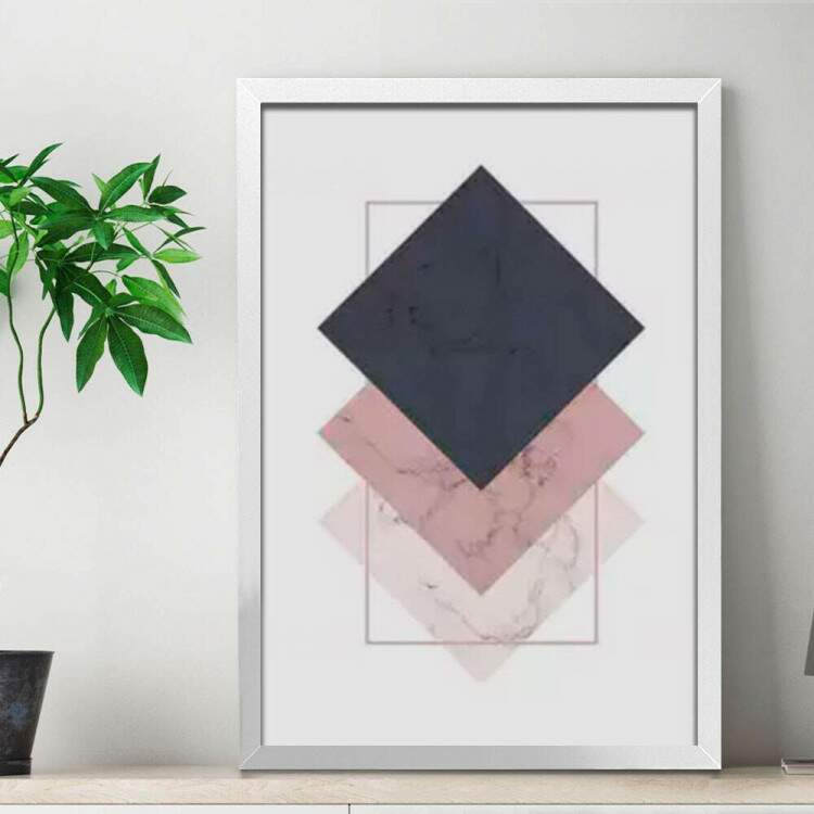 Quadro Decorativo Geomtrico Mrmore Rose Preto Branco