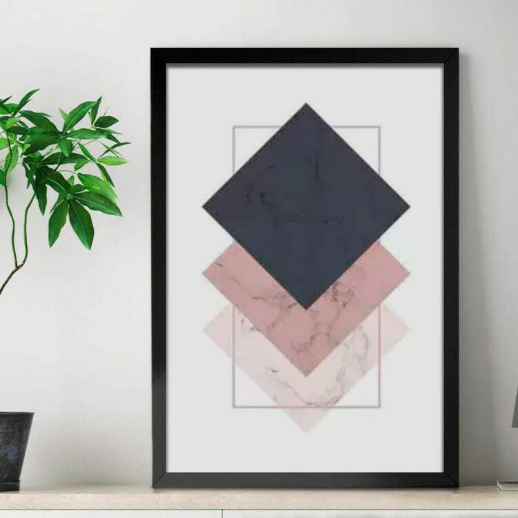 Quadro Decorativo Geomtrico Mrmore Rose Preto Branco