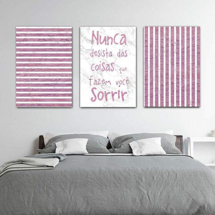 Kit 3 Quadros Decorativos Nunca Desista Mrmore com Rose