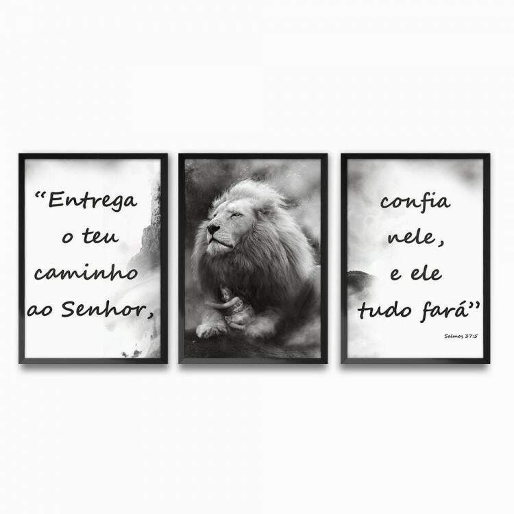 Kit 3 Quadros Decorativos Leo Frase Entrega ao Senhor