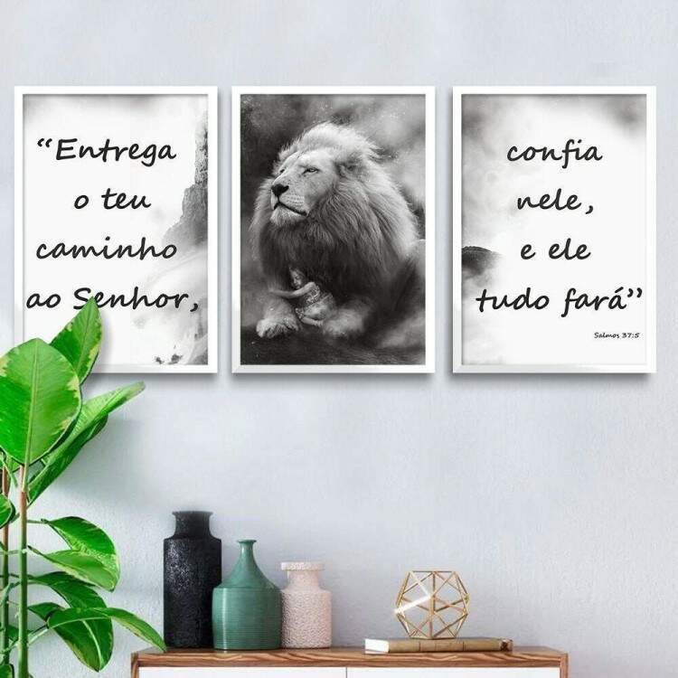 Kit 3 Quadros Decorativos Leo Frase Entrega ao Senhor