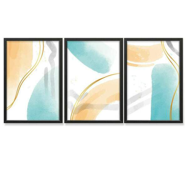 Kit 3 Quadros Decorativos Abstrato Pintura Azul e Amarelo