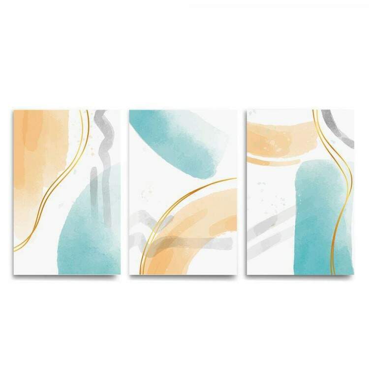 Kit 3 Quadros Decorativos Abstrato Pintura Azul e Amarelo