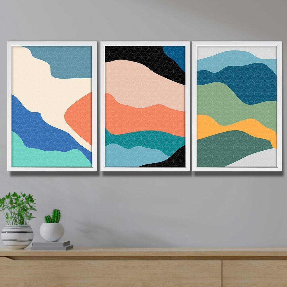 Kit 3 Quadros Decorativos Abstrato Colorido Ondas