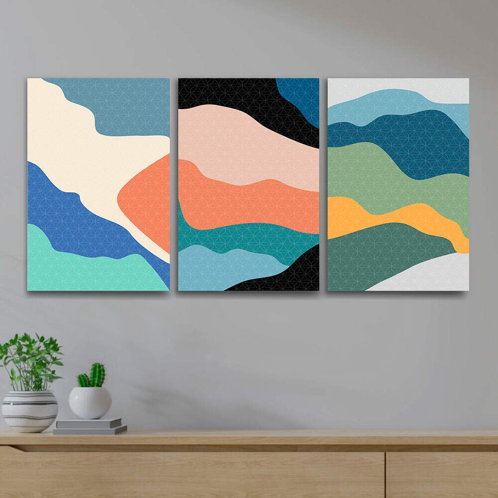 Kit 3 Quadros Decorativos Abstrato Colorido Ondas
