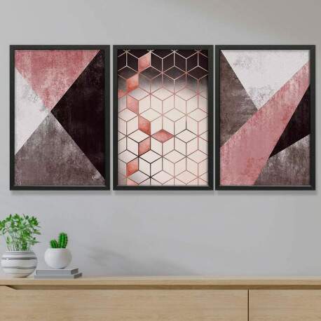 Kit 3 Quadros Decorativos Geomtrico Preto e Rose