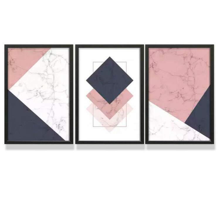 Kit 3 Quadros Decorativos Geomtrico Mrmore Rose com Preto e Branco