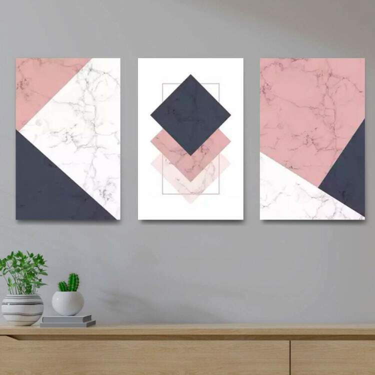 Kit 3 Quadros Decorativos Geomtrico Mrmore Rose
