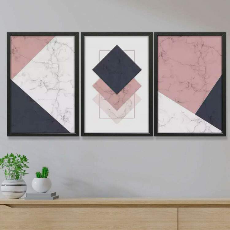 Kit 3 Quadros Decorativos Geomtrico Mrmore Rose