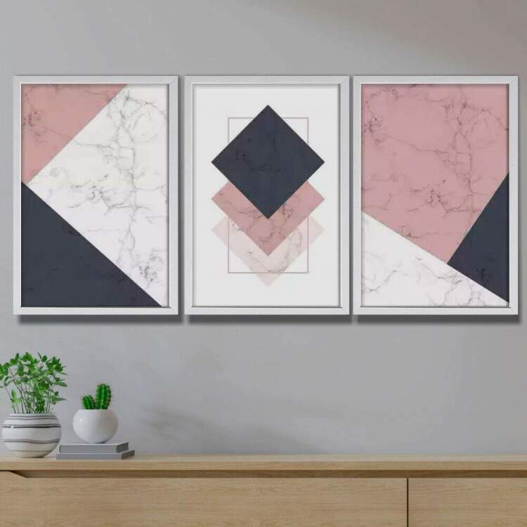 Kit 3 Quadros Decorativos Geomtrico Mrmore Rose