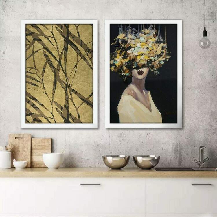 Kit 2 Quadros Decorativos Abstrato Face de Mulher com Flores