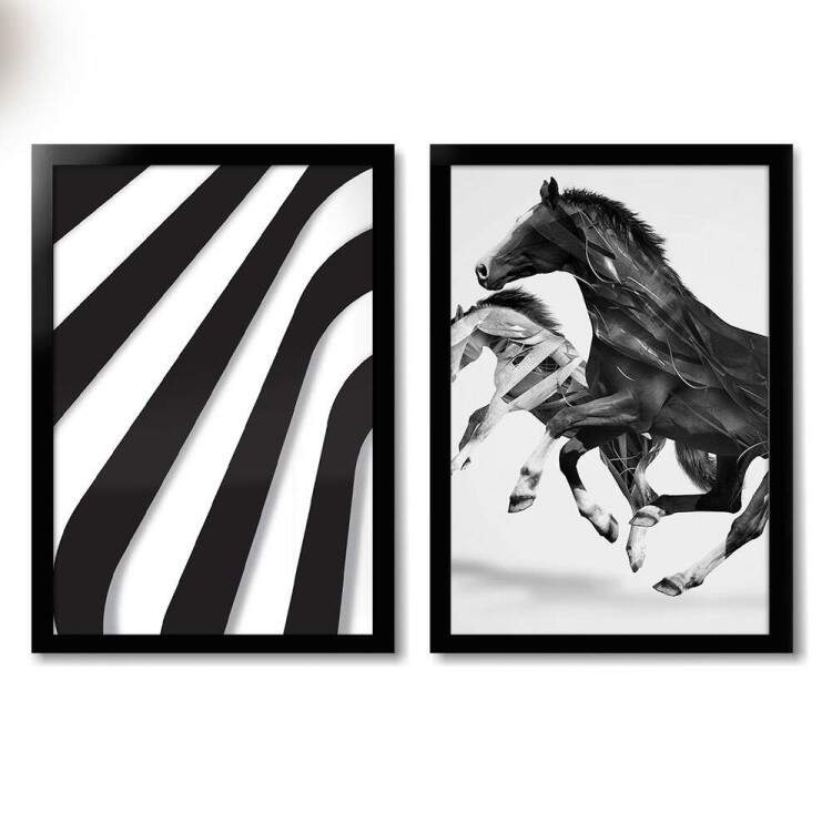 Kit 2 Quadros Decorativos Abstrato Cavalos Preto e Branco