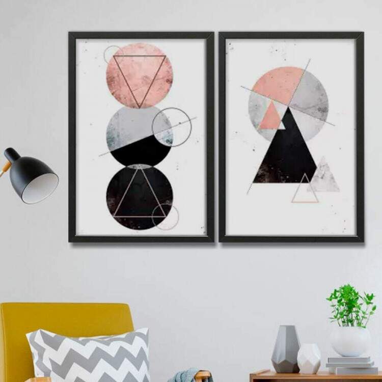 Kit 2 Quadros Decorativos Abstrato M�rmore Tri�ngulos e C�rculos Rose