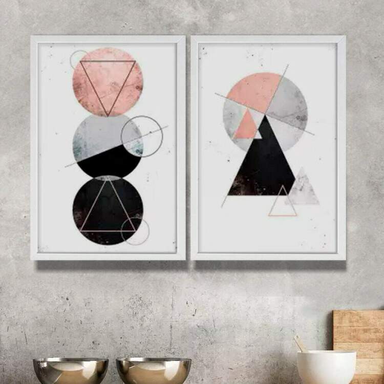 Kit 2 Quadros Decorativos Abstrato M�rmore Tri�ngulos e C�rculos Rose