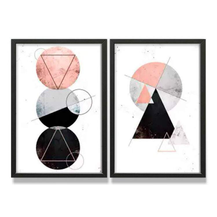 Kit 2 Quadros Decorativos Abstrato M�rmore Tri�ngulos e C�rculos Rose