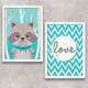 Kit 2 Quadros Decorativos Guaxinim Love Fundo Azul