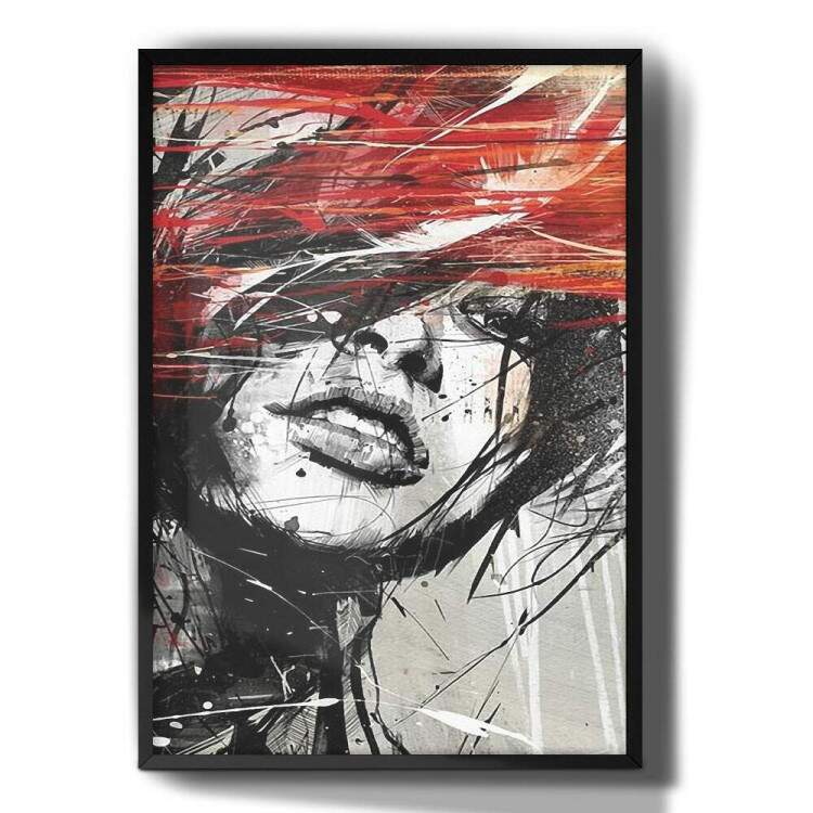 Quadro Decorativo Abstrato Pintura de Mulher Preto Branco e Vermelho