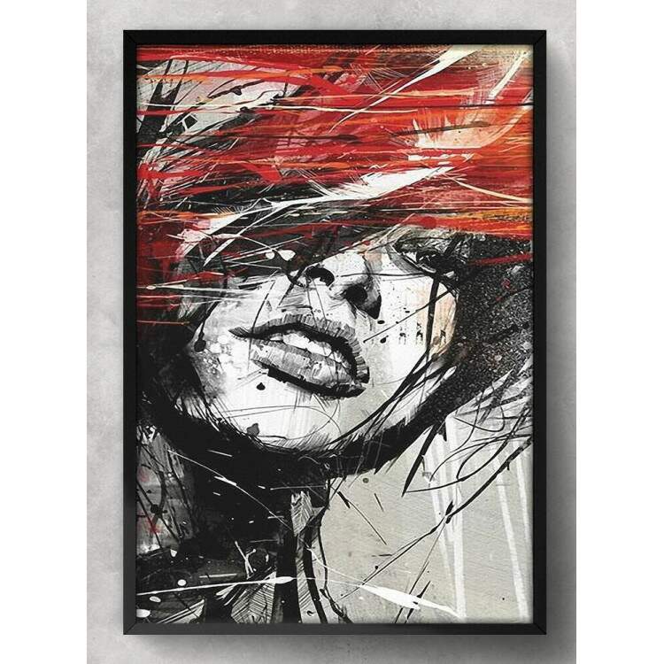 Quadro Decorativo Abstrato Pintura de Mulher Preto Branco e Vermelho