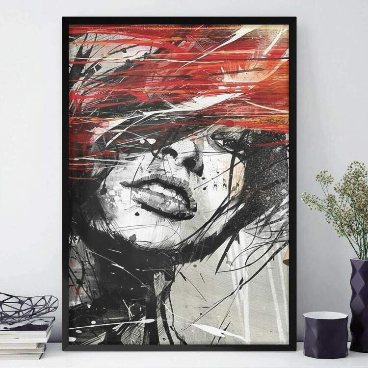 Quadro Decorativo Abstrato Pintura de Mulher Preto Branco e Vermelho