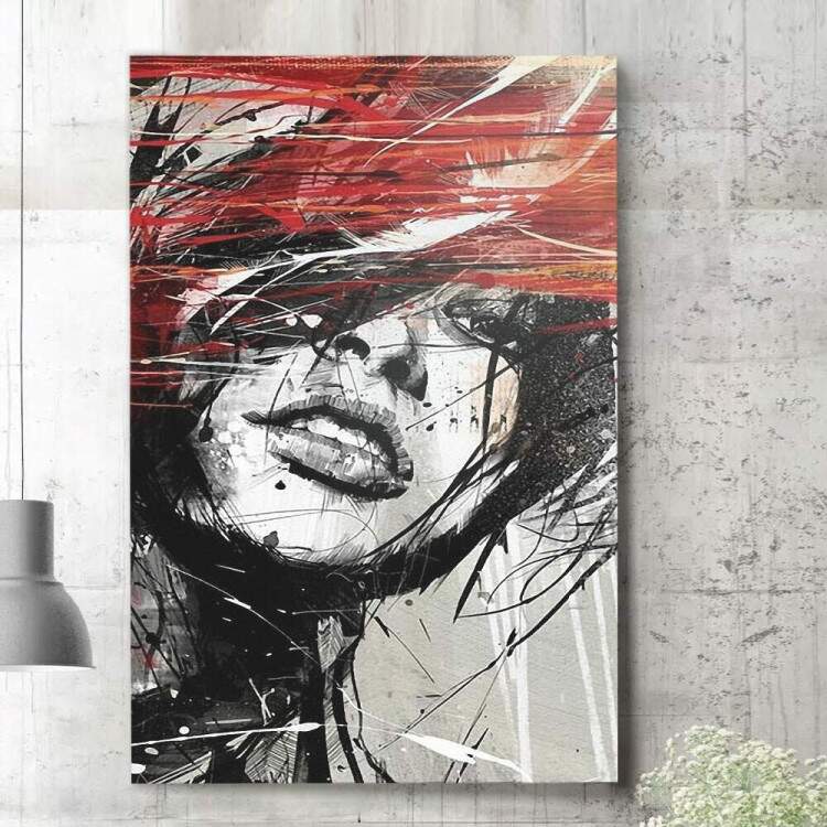 Quadro Decorativo Abstrato Pintura de Mulher Preto Branco e Vermelho