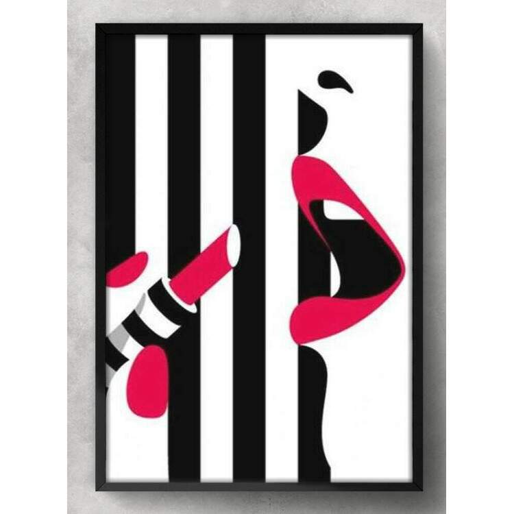 Quadro Decorativo Mulher Abstrato Preto e Branco Batom