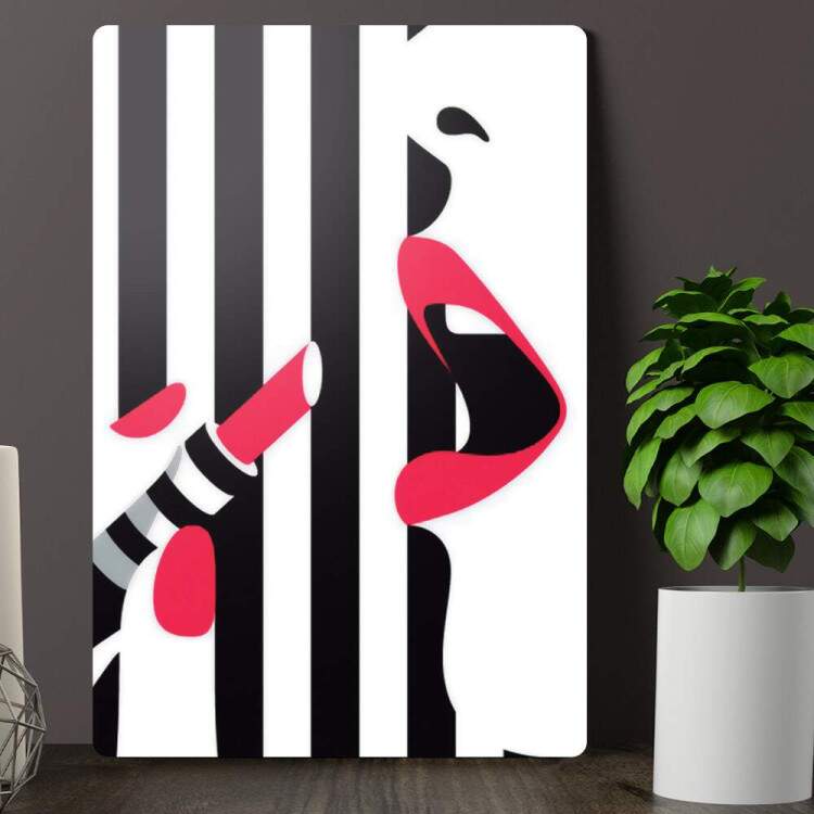 Placa Decorativa Mulher Abstrato Preto e Branco Batom