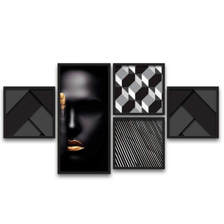 Conjunto de Quadros Decorativos Abstrato Mulher Preto Branco e Dourado