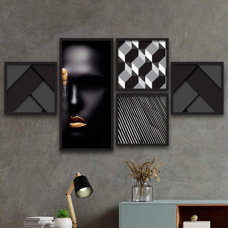 Conjunto de Quadros Decorativos Abstrato Mulher Preto Branco e Dourado