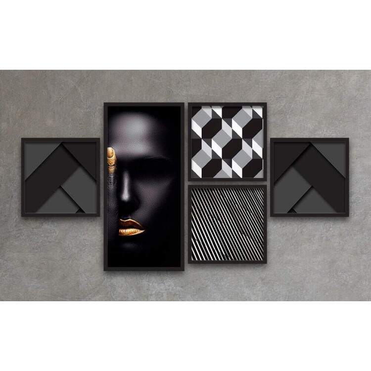 Conjunto de Quadros Decorativos Abstrato Mulher Preto Branco e Dourado