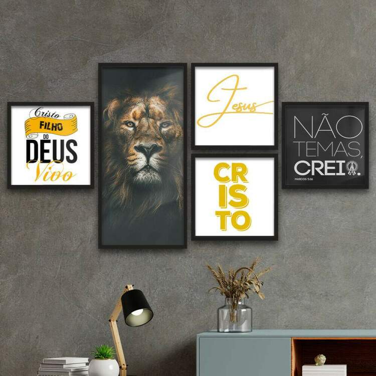 Conjunto de Quadros Decorativos Jesus Cristo Filho do Deus Vivo Leo de Jud