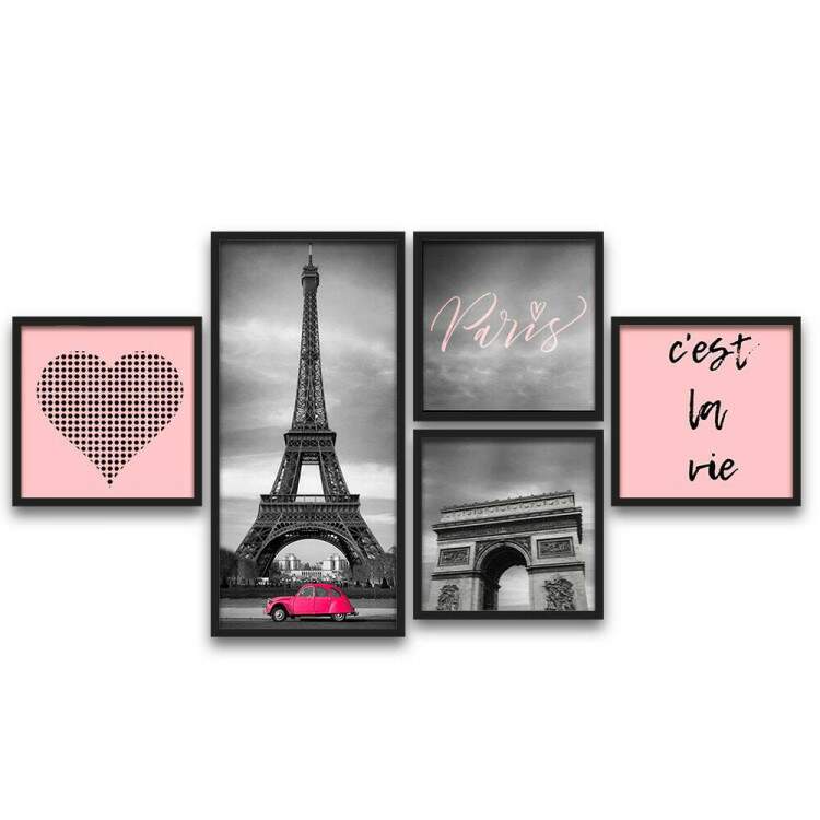 Conjunto de Quadros Decorativos Rosa Paris Torre Eiffel