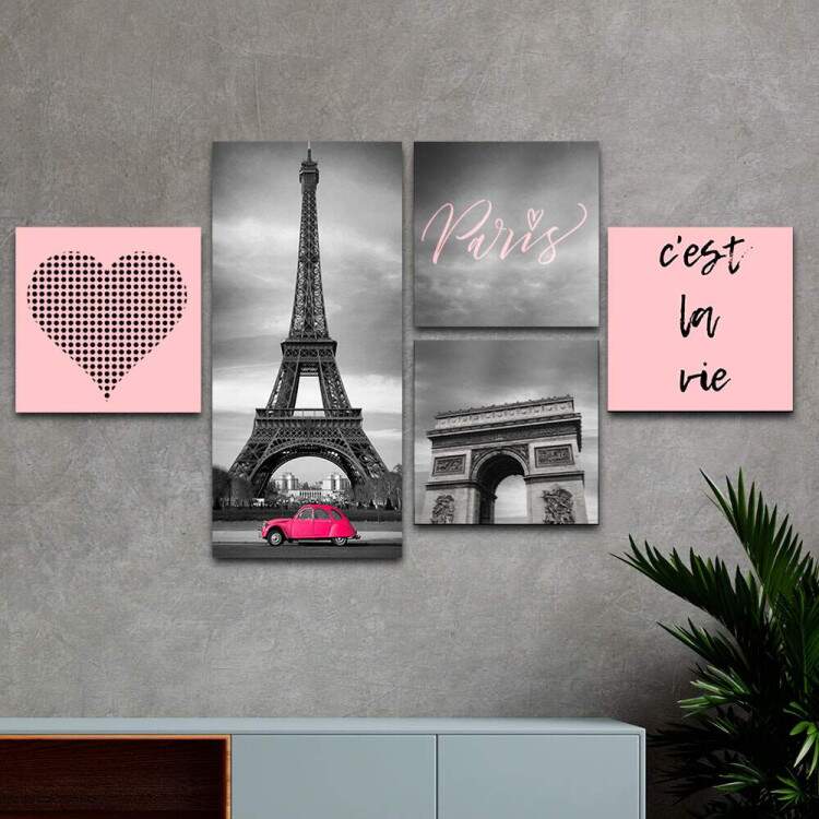 Conjunto de Quadros Decorativos Rosa Paris Torre Eiffel