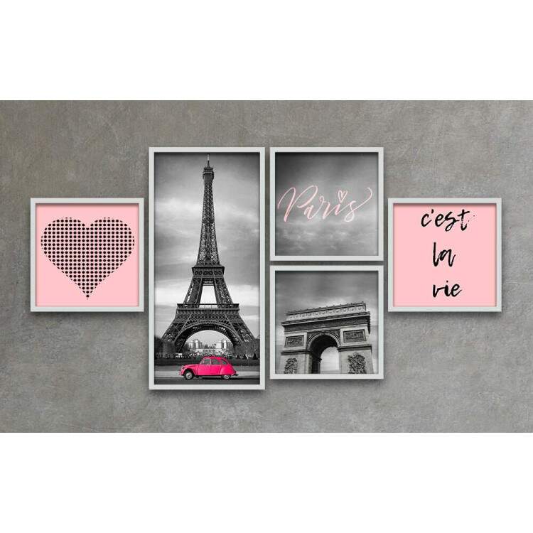 Conjunto de Quadros Decorativos Rosa Paris Torre Eiffel