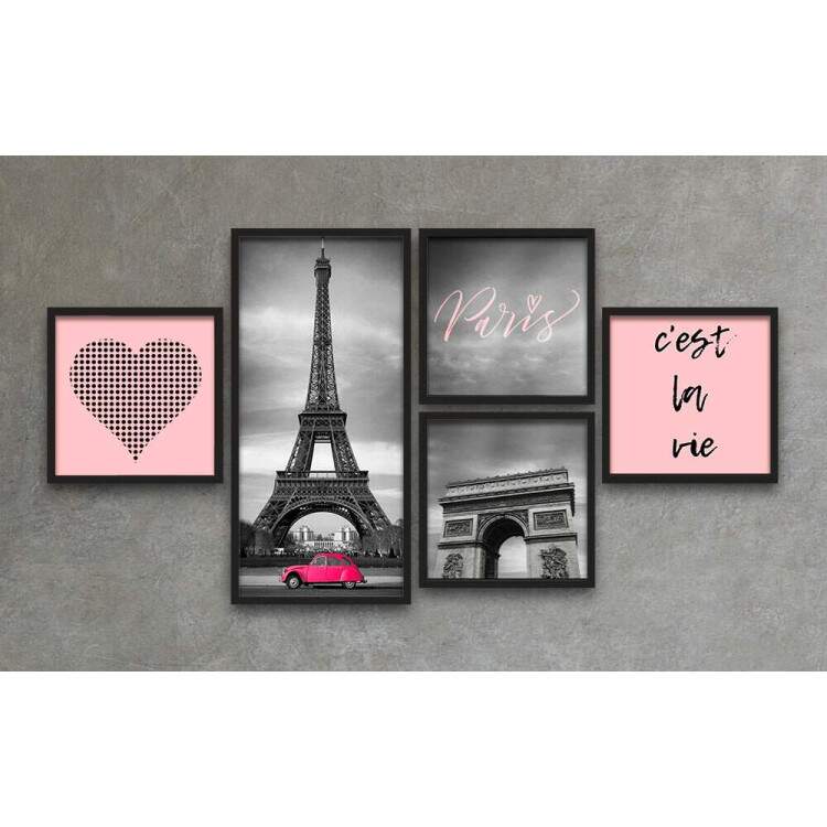 Conjunto de Quadros Decorativos Rosa Paris Torre Eiffel