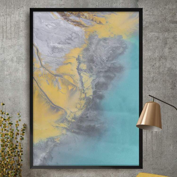 Quadro Decorativo Abstrato Efeito Mrmore Azul e Amarelo