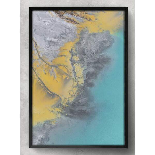 Quadro Decorativo Abstrato Efeito Mrmore Azul e Amarelo