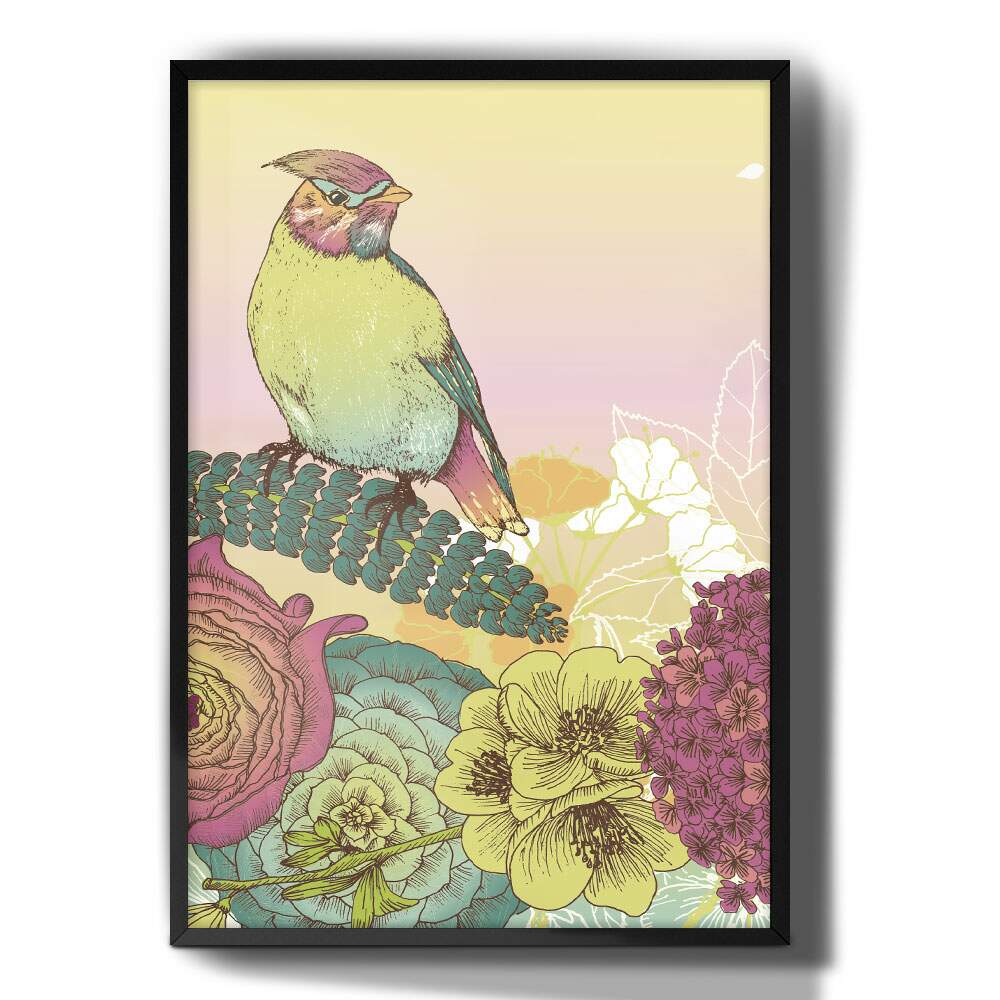 Quadro Decorativo Desenho P�ssaro e Flores Colorido