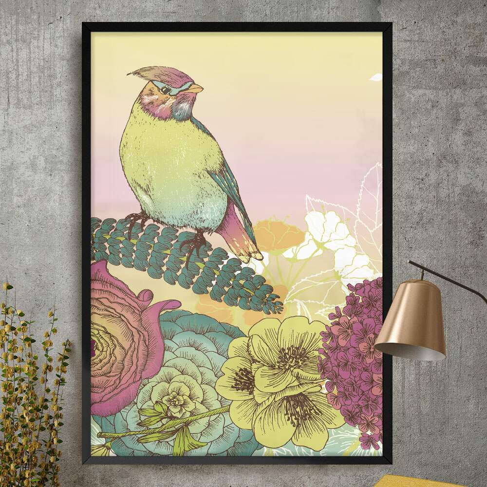 Quadro Decorativo Desenho Pssaro e Flores Colorido